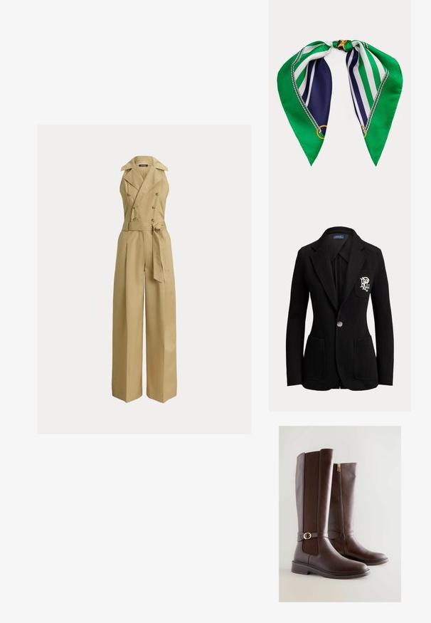 Sort enkeltknaps blazer med hakkede revers, tre forlommer og hvidt broderet logo på brystlommen.; Beige buksedragt med vide ben, dobbeltspændt design, store revers og bælte i taljen. Fremstillet af et glat, struktureret stof.; Brune læderknæhøje støvler med et tekstureret panel, sidelukning og detalje i guldfarvet spænde. Rund tå og lav blokhæl-design.; Grøn, mørkeblå og hvid stribet silketørklæde med mønster af guldkæde og ring, foldet og knyttet øverst.
