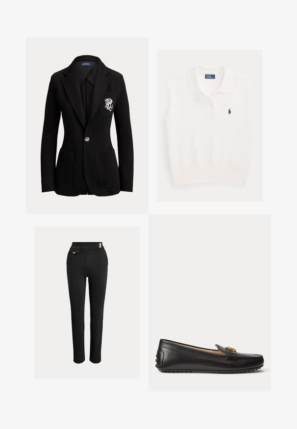 Sort enkeltknaps blazer med hakkede revers, tre forlommer og hvidt broderet logo på brystlommen.; Hvid ærmeløs polo med krave, to knapper og navyblåt Ralph Lauren polo-spillerlogo på venstre bryst.; Sorte slim-fit bukser med høj talje, dekorative guldknapper på taljen og en lille klaplomme på højre side.; Sort læderloafer med guldbeslag og gummisåle med nitter, vist fra siden på hvid baggrund.
