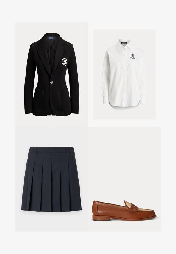 Schwarzer Ein-Knopf-Blazer mit abgestepptem Revers, drei vorderen Taschen und weiß besticktem Logo auf der Brusttasche.; Weißes langärmeliges Hemd mit Knöpfen und spitzem Kragen sowie schwarzem, gesticktem Logo auf der linken Brust.; Dunkelblauer, plissierter Rock mit flachem Bund, aus glattem Stoff gefertigt. Verfügt über mehrere vertikale Falten und einen maßgeschneiderten Schnitt.; Brauner Leder-Slipper mit gewebtem beigem Einsatz oben, niedrigem Holzabsatz und traditionellem Penny-Riemen-Design vor weißem Hintergrund.