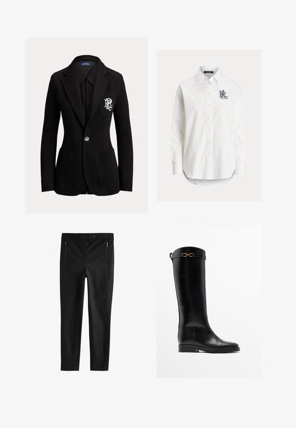Sort enkeltknaps blazer med hakkede revers, tre forlommer og hvidt broderet logo på brystlommen.; Hvid langærmet skjorte med knapper og spidser krave samt sort broderet logo på venstre bryst.; Sorte stretchbukser med et elegant design, to lynlåslommer og en glat overflade med to frontknapper i taljen.; Høj sort læderstøvle med lav hæl og guldbelagt spænde nær toppen, vist i profil på hvid baggrund.