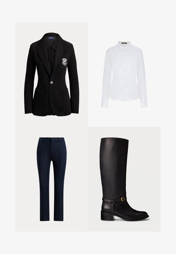 Zwarte blazer met één knoop, met gespleten revers, drie voorzakken en een wit geborduurd logo op het borstvak.; Witte lange mouwen shirt met een kraag, knoopsluiting aan de voorkant en manchetten. Gemaakt van soepel materiaal met een getailleerd ontwerp en zonder zichtbare patronen.; Donker marineblauwe, op maat gemaakte, rechte broek met riemlussen en een rits aan de voorkant op een witte achtergrond.; Zwarte leren kuitlange laarzen met een lage blokhak en een decoratieve band met een kleine gouden gesp op de enkel.