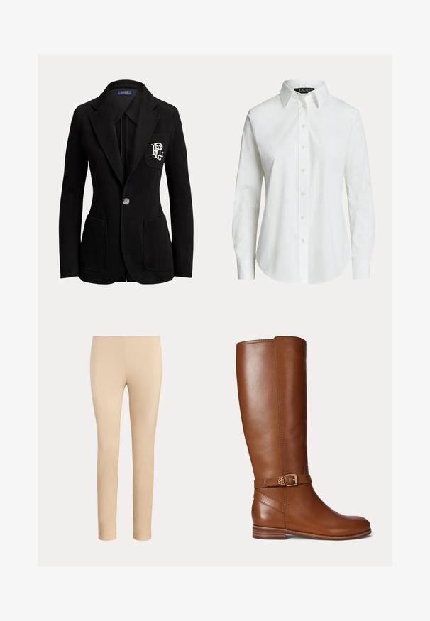 Sort enkeltknaps blazer med hakkede revers, tre forlommer og hvidt broderet logo på brystlommen.; Hvid langærmet skjorte med knapper, klassisk krave og synlige knapper foran, vist på en ensfarvet baggrund.; Beige slim-fit ankellange bukser med en glat finish og uden synlige lommer eller pynt på en ensfarvet baggrund.; Brun læder knæhøj støvle med en lille guldbøjle og "RL" logo på remmen nær anklen, flad hæl og glat finish.