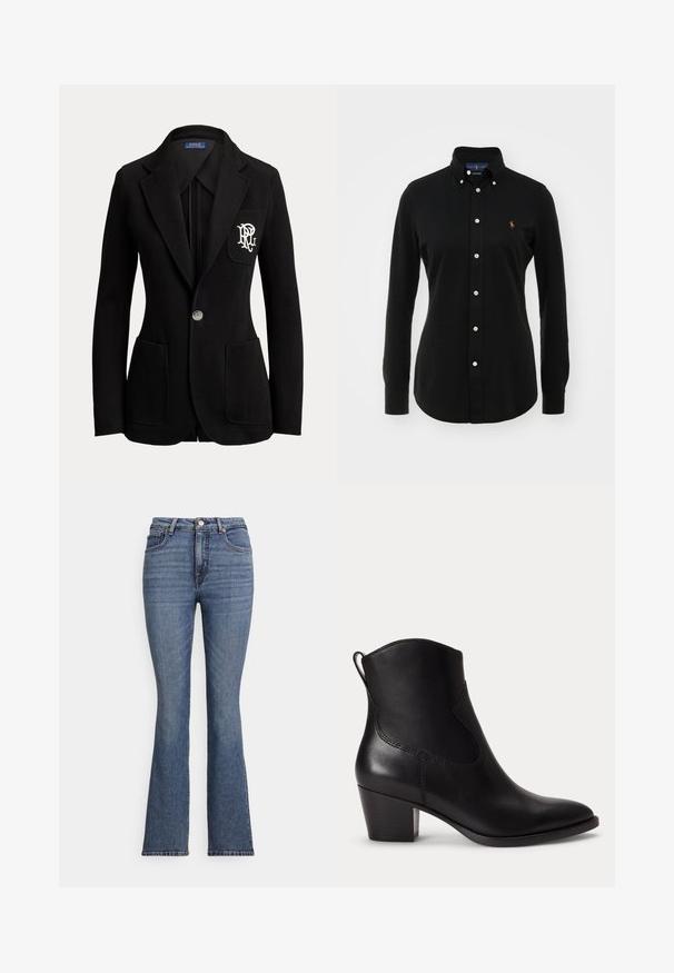 Sort enkeltknaps blazer med hakkede revers, tre forlommer og hvidt broderet logo på brystlommen.; Sort langærmet skjorte lavet af bomuld med krave, der kan knappes ned, prydet med hvide knapper og et lille broderet logo på brystet.; Blå, vidde udadgående denimjeans med høj talje, der har fem lommer, kontrastsyede sømme og en glat tekstur.; Sort læder ankelstøvle med lav blokhæle, rundet tå og trækstrop bagpå mod en ens hvid baggrund.
