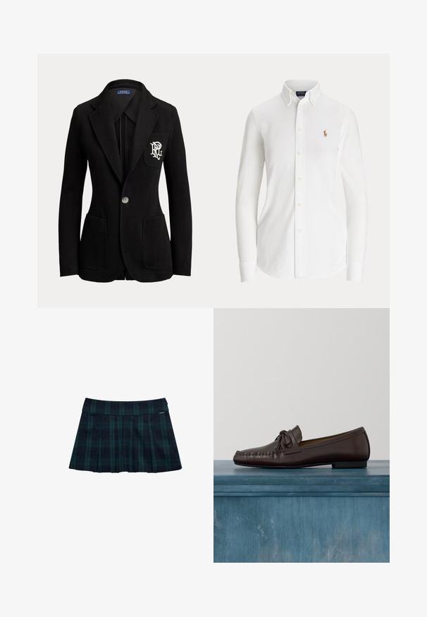 Sort enkeltknaps blazer med hakkede revers, tre forlommer og hvidt broderet logo på brystlommen.; Hvid skjorte med lange ærmer og knapper, med knaplukket krave og lille broderet polo-spillerlogo på brystet.; Rynket nederdel med tern i mørkegrøn og marineblå med en glat talje og logo-accent. Har et klassisk, lagdelt rynkedesign.; Brune læder loafers med en rundet tå, sløjfedetalje og dekorativ syning langs vampen. Flad sort gummisål.