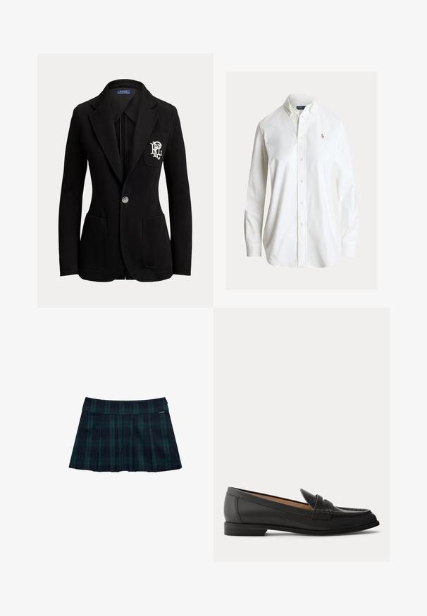 Zwarte blazer met één knoop, met gespleten revers, drie voorzakken en een wit geborduurd logo op het borstvak.; Wit overhemd met lange mouwen, knoopsluiting, button-down kraag en klein geborduurd polo spelerlogo op de linkerborst.; Geruite geplooide rok in donkergroen en marineblauw met een gladde tailleband en logodetail. Heeft een klassiek, gelaagd plooidesign.; Zwarte leren damesslof met lage hak, afgeronde neus en gestikte details op het bovenwerk, van opzij getoond tegen een effen achtergrond.