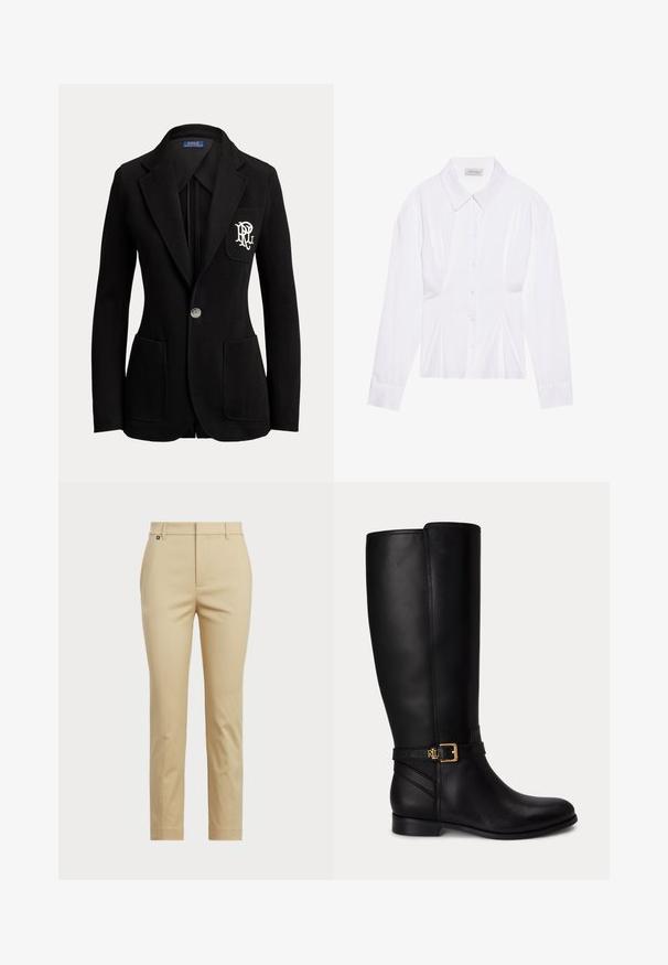 Schwarzer Ein-Knopf-Blazer mit abgestepptem Revers, drei vorderen Taschen und weiß besticktem Logo auf der Brusttasche.; Weiße Bluse mit langen Ärmeln, klassischem Kragen, vorderer Knopfleiste und gerafftem Seitendetail. Glattes Material mit taillierter Form.; Beige Hosen mit einem geraden Bein-Design. Hergestellt aus glattem Stoff, mit einem standardmäßigen Bund und dezenten Seitennähten.; Schwarzer kniehoher Lederstiefel mit niedrigem Absatz, goldener Schnalle und kleinem eingeprägtem Logo am Seitengurt.