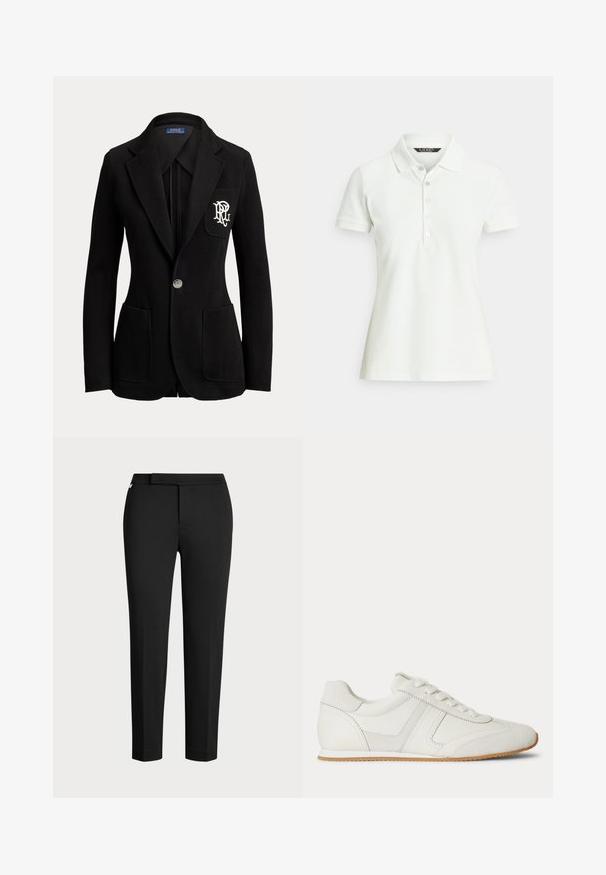 Sort enkeltknaps blazer med hakkede revers, tre forlommer og hvidt broderet logo på brystlommen.; Hvid polo i bomuld med klassisk krave, korte ærmer og fire-knaps lukning. Glat tekstur og tætsiddende design.; Sorte tapered bukser lavet af et strækbart stof, med en flad talje, sidelommer og en glat, mat tekstur. Ingen synlige lukninger.; Hvid lavtop sneaker med snørelukning foran, ruskind- og læderpaneler og en lysebrun gummisål på en hvid baggrund.