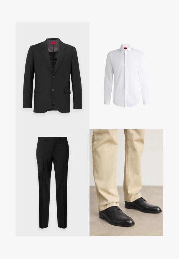 Chaqueta de traje negra con solapas con muesca, dos botones y dos bolsillos frontales. El forro interior es oscuro y tiene una textura suave. Logo de HUGO visible en el interior.; Camisa blanca de botones, confeccionada en tela suave, con collar clásico, mangas largas y dobladillo curvado. Presenta botones beige en la parte delantera.; Pantalones negros de corte ajustado, hechos de una tela suave, con pernera recta, detalles de pinzas refinadas y una cinturilla clásica con ojales para cinturón.; Zapatos de cuero negro con cordones, puntera redondeada, acabado suave y sutiles detalles de costura, combinados con pantalones de color beige claro.