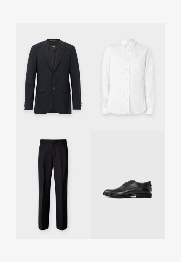 Dunkelgrauer, maßgeschneiderter Blazer mit dezentem Karomuster, Reverskragen, zwei vorderen Knöpfen, Klappentaschen und einem Markeninnenschild.; Weißes, langärmliges Hemd aus Baumwolle mit Knöpfen. Verfügt über einen spitzen Kragen und ein kleines, gesticktes Logo auf der Brust. Glatte Textur.; Schwarze, maßgeschneiderte Hose mit geradem Schnitt, Falten vorne und seitlichen Taschen. Hergestellt aus einem glatten, leichten Stoff mit einfarbigem Muster.; Schwarzer Herren-Lederschuh mit Schnürung und rotem Zuglasche an der Ferse vor schlichten Hintergrund.