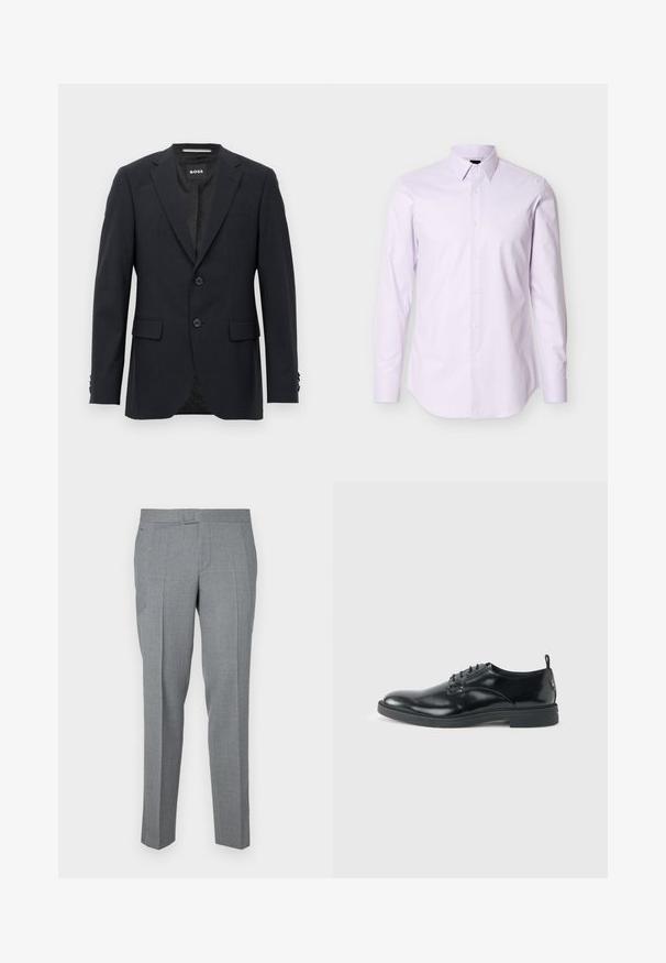 Dunkelgrauer, maßgeschneiderter Blazer mit dezentem Karomuster, Reverskragen, zwei vorderen Knöpfen, Klappentaschen und einem Markeninnenschild.; Hellviolettes Herrenhemd mit langen Ärmeln, durchgeknöpft und spitzem Kragen, auf weißem Hintergrund dargestellt.; Grau maßgeschneiderte Hose aus strukturiertem Stoff, mit flachem Vorderteil, Gürtelschlaufen und zwei Seitentaschen. Gerades Bein-Design.; Glänzender schwarzer Lederschuh mit niedrigem Absatz, Schnürverschluss und runder Kappe, seitlich auf hellem, schlichten Hintergrund gezeigt.