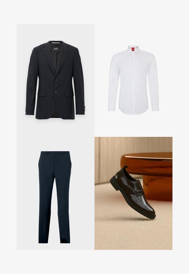 Blazer ajustado de color gris oscuro con un sutil patrón a cuadros, solapas tipo muesca, dos botones frontales, bolsillos con solapa y etiqueta interior de marca.; Camisa blanca de manga larga con cuello, que presenta un cierre frontal de botones y un tejido suave y liso. Sin patrones ni acentos visibles.; Pantalones formales de color azul marino con trabillas, bolsillos frontales y corte recto, exhibidos sobre un fondo liso.; Zapato de vestir negro brillante de cuero con cordones flotando sobre una alfombra beige con una mesa redonda marrón brillante al fondo.