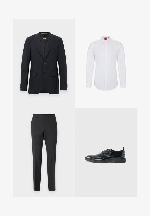 Dunkelgrauer, maßgeschneiderter Blazer mit dezentem Karomuster, Reverskragen, zwei vorderen Knöpfen, Klappentaschen und einem Markeninnenschild.; Weißes Langarmhemd mit Kragen, ausgestattet mit einer durchgehenden Knopfleiste und weichem, glattem Stoff. Keine Muster oder Akzente sichtbar.; Dunkelgraue, maßgeschneiderte Hose mit glatter Textur, schmaler Passform, flachem Frontbereich und Gürtelschlaufen, entworfen für formelle oder geschäftliche Kleidung.; Glänzender schwarzer Lederschuh mit niedrigem Absatz, Schnürverschluss und runder Kappe, seitlich auf hellem, schlichten Hintergrund gezeigt.