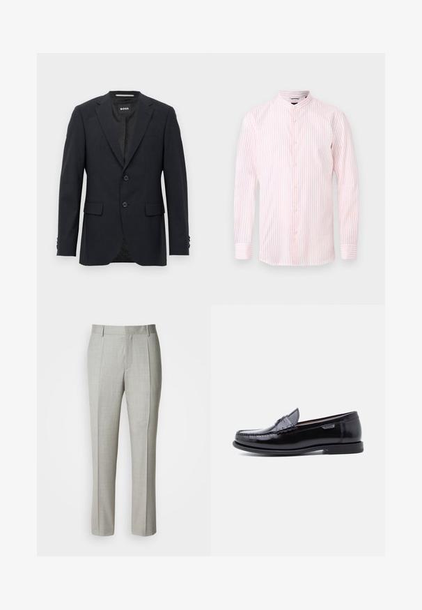 Dunkelgrauer, maßgeschneiderter Blazer mit dezentem Karomuster, Reverskragen, zwei vorderen Knöpfen, Klappentaschen und einem Markeninnenschild.; Langärmeliges Hemd mit Knopfleiste, rosa-weißen vertikalen Streifen und stehkragen, vor einfarbigem Hintergrund präsentiert.; Hellgraue, maßgeschneiderte Hose aus glattem Stoff mit geradem Schnitt, vorderen Abnähern und klassischem Bund mit Gürtelschlaufen.; Schwarze Leder-Loafer mit glänzendem Finish, mit einer gesteppten Verzierung auf der Zehenpartie und einer niedrigen, strukturierten schwarzen Gummisohle.