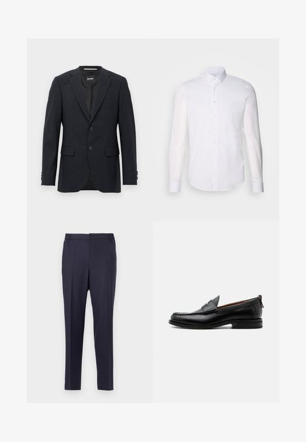 Blazer ajustado de color gris oscuro con un sutil patrón a cuadros, solapas tipo muesca, dos botones frontales, bolsillos con solapa y etiqueta interior de marca.; Camisa blanca de manga larga y botones, hecha de algodón, que presenta un cuello clásico, botones en la parte delantera y un detalle de costura minimalista.; Pantalones azul marino con frente plano, cintura elástica y cierre de botón. Corte recto y textura suave, adecuados para uso formal o casual.; Mocasín de hombre de piel negra con costura moc toe, tira penny, cuello texturizado y tacón bajo apilado sobre fondo blanco.