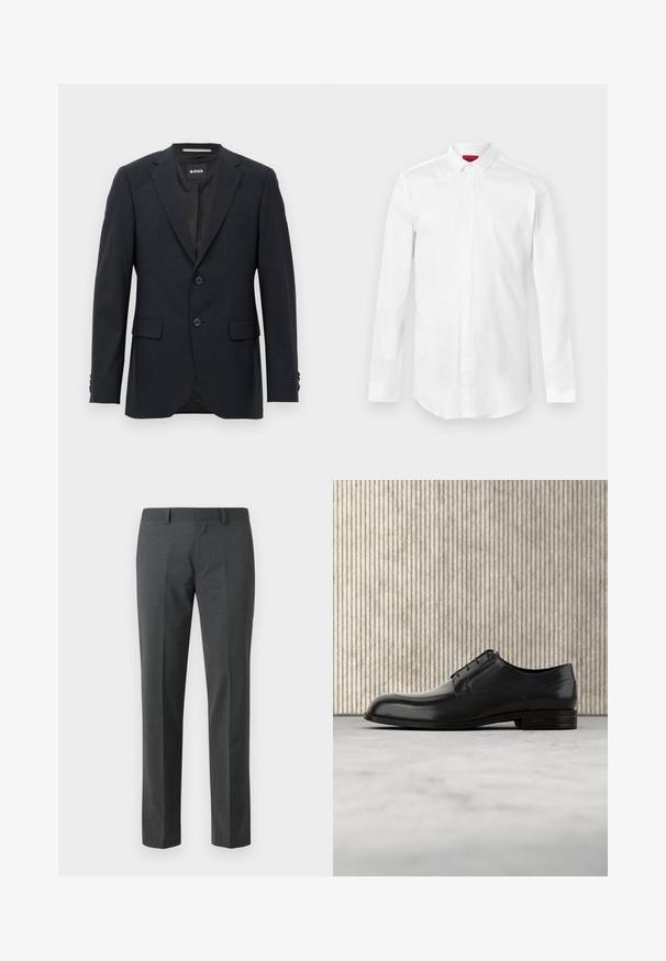 Blazer ajusté gris foncé avec un motif à carreaux subtil, revers en pointe, deux boutons à l'avant, poches à rabat et étiquette de marque à l'intérieur.; Chemise blanche à manches longues avec col pointu et patte de boutonnage cachée, présentée sur un fond clair uni.; Pantalons ajustés gris foncé en textile lisse. Présente des jambes droites, une taille plate et des passants de ceinture. Pas de motifs ou d'accents visibles.; Chaussure de ville en cuir noir avec un bout arrondi, texture lisse, coutures minimales et une semelle plate avec un branding discret au niveau du talon.
