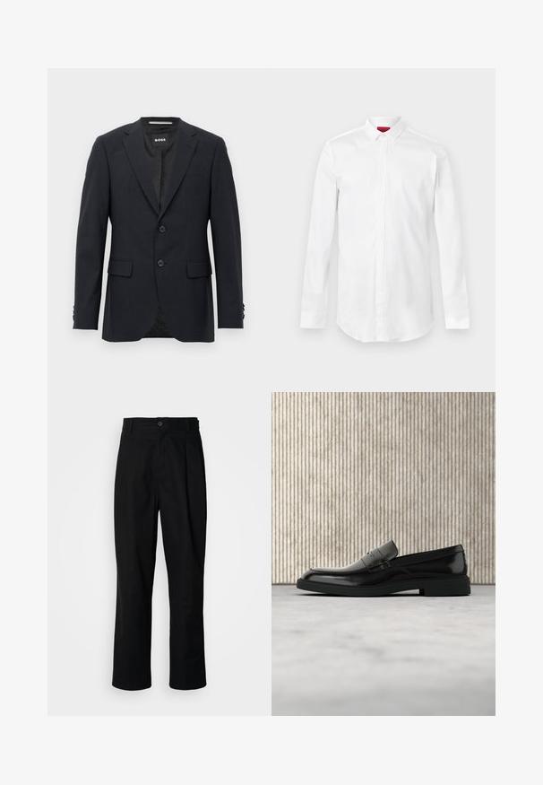Tmavo šedý schopne prešitý blazer s jemným kockovaným vzorom, klopovými chlopňami, s dvoma prednými gombíkmi, s vreckami na chlopniach a so značkovým vnútorným štítkom.; Biela dlhá košeľa s dlhým rukávom, so špicatým golierom a skrytým zapínaním na gombíky, zobrazená na jednoduchom svetlom pozadí.; Čierne nohavice s rovnými nohavicami, s gombíkovým pásom, pútkami na opasok a predným záhybom, vystavené na jednoduchej bielej pozadí.; Čierna lesklá kožená mokasína vznášajúca sa nad béžovým koberecom s oranžovým priehľadným nábytkom v pozadí.