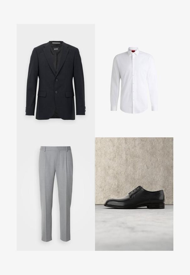 Dunkelgrauer, maßgeschneiderter Blazer mit dezentem Karomuster, Reverskragen, zwei vorderen Knöpfen, Klappentaschen und einem Markeninnenschild.; Weißes Herrenhemd aus glattem Stoff mit klassischem Kragen, langen Ärmeln und abgerundetem Saum. Mit eleganten beigen Knöpfen an der Vorderseite.; Grau zugeschnittene Hosen mit glatter Textur, flachem Frontbereich, geraden Beinen und dezenten Falten für zusätzliche Details.; Schwarze Leder-Dressschuhe mit einer runden Zehenpartie, glatter Oberfläche, minimalen Nähten und flacher Sohle mit dezentem Branding an der Ferse.