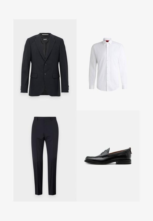 Mørkegrå skræddersyet blazer med subtilt ternet mønster, klapkrave, to frontknapper, klaplommer og mærket indvendig label.; Hvid skjorte med knapper lavet af glat stof med klassisk krave, lange ærmer og rundet kant. Har beige knapper foran.; Marineblå skrædderbukser, flad front, slim fit, med bæltestropper og sidelommer. Glat stof med en skarp finish, ingen synlige mønstre eller accent.; Sort læder herre loafer med moc-tå syning, penny strop, struktureret krave og lav stablet hæl på hvid baggrund.