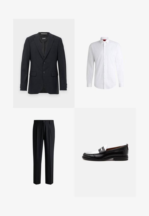 Donkergrijze op maat gemaakte blazer met een subtiel ruitpatroon, met een notch kraag, twee voorknopjes, klepzakken en een merklabel aan de binnenkant.; Witte overhemden van soepel materiaal met een klassieke kraag, lange mouwen en een afgeronde zoom. Voorzien van beige knopen aan de voorkant.; Zwarte broek van gladde stof, met een rechte pijpdesign, plooien aan de voorkant en een knoopsluiting met riemlussen.; Zwart-witte leren loafer met gestikte details, lage hak en slip-on ontwerp, zijaanzicht op een egale achtergrond.