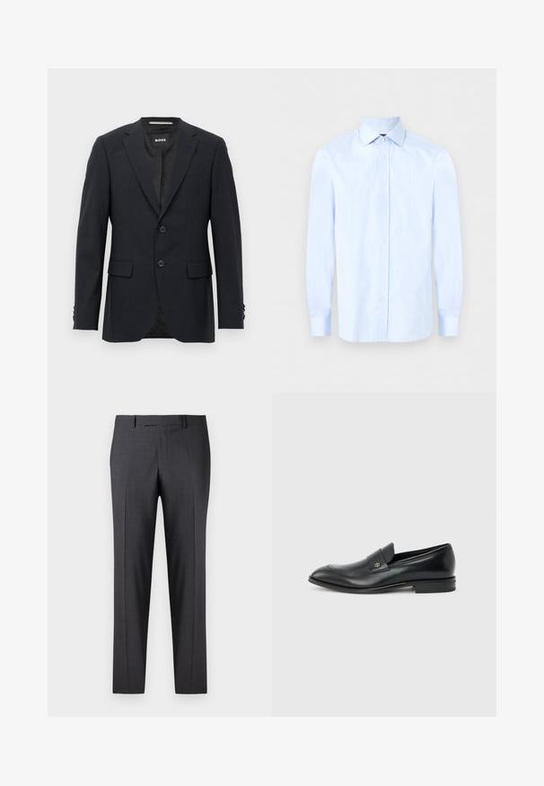 Donkergrijze op maat gemaakte blazer met een subtiel ruitpatroon, met een notch kraag, twee voorknopjes, klepzakken en een merklabel aan de binnenkant.; Lichtblauw herenoverhemd met lange mouwen, een puntige kraag en witte knopen aan de voorkant op een effen achtergrond.; Op maat gemaakte donkergrijze broeken van een soepel, gestructureerd weefsel; heeft een vlakke voorkant en rechte pijpen; minimalistisch ontwerp zonder zichtbare accenten.; Zwarte leren herenslipper met lage hak, afgeronde neus en klein metalen logo op het riempje, zijaanzicht tegen een effen achtergrond.