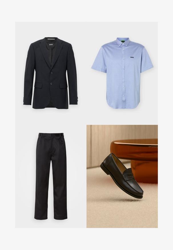 Blazer ajustado de color gris oscuro con un sutil patrón a cuadros, solapas tipo muesca, dos botones frontales, bolsillos con solapa y etiqueta interior de marca.; Camisa de manga corta de color azul claro con botones, cuello abotonado y logo "BOSS" bordado en el pecho izquierdo.; Pantalones negros de tela suave, con cierre delantero de botón, pliegues y patas rectas. Sin patrones ni acentos visibles.; Zapato mocasín de cuero negro suspendido sobre una alfombra beige con muebles modernos de color ámbar en el fondo.