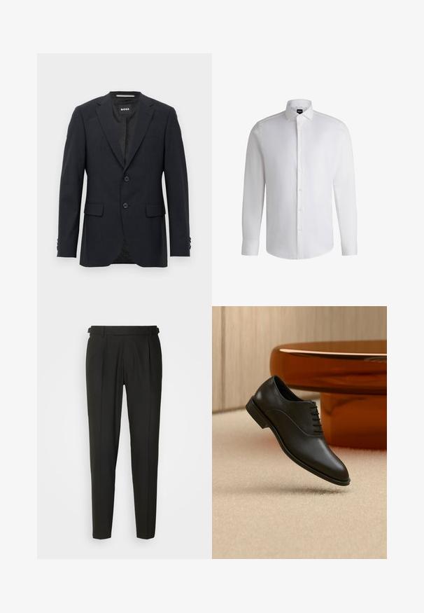Dunkelgrauer, maßgeschneiderter Blazer mit dezentem Karomuster, Reverskragen, zwei vorderen Knöpfen, Klappentaschen und einem Markeninnenschild.; Weißes Langarmhemd aus glattem Baumwollstoff, mit klassischem Kragen, durchgehender Knopfleiste und geknöpften Manschetten. Minimalistisches Design.; Schwarze maßgeschneiderte Hose mit flacher Vorderseite, zwei Falten, Gürtelschlaufen und geradem Bein. Hergestellt aus glattem, leichtem Stoff.; Schwarzer polierter Lederschnürschuh über beigem Teppich schwebend, mit großem rundem bernsteinfarbenem Glastisch im Hintergrund.