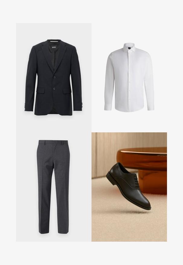 Tmavo šedý schopne prešitý blazer s jemným kockovaným vzorom, klopovými chlopňami, s dvoma prednými gombíkmi, s vreckami na chlopniach a so značkovým vnútorným štítkom.; Biela košeľa s dlhým rukávom vyrobená z hladkého bavlneného materiálu, s klasickým golierom, plným gombíkovým zapínaním a gombíkovými manžetami. Minimalistický dizajn.; Sivé nohavice na mieru s textúrovaným povrchom, rovný predný diel a priame nohy. Obsahujú bočné vrecká a pútka na opasok.; Čierna leštená kožená šnurovacia spoločenská topánka vznášajúca sa nad béžovým koberecom, v pozadí veľký okrúhly sklenený stôl jantárovej farby.