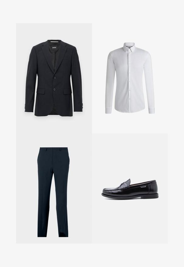 Mørkegrå skræddersyet blazer med subtilt ternet mønster, klapkrave, to frontknapper, klaplommer og mærket indvendig label.; Langærmet hvid skjorte lavet af glat stof, med en krave med knapper og en række knapper foran. Enkelt design.; Marineblå formelle bukser med bæltestropper, forlommer og lige ben, præsenteret på en neutral baggrund.; Sorte læderloafer med en blank finish, der har et syet mønster på tåen og en lav, tekstureret sort gummisål.