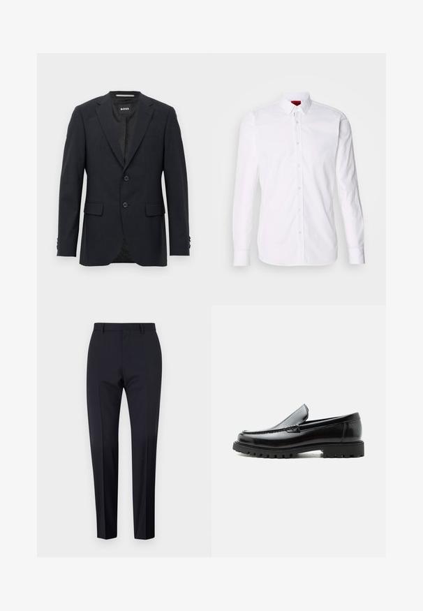 Tmavo šedý schopne prešitý blazer s jemným kockovaným vzorom, klopovými chlopňami, s dvoma prednými gombíkmi, s vreckami na chlopniach a so značkovým vnútorným štítkom.; Biela košeľa s dlhým rukávom a gombíkmi, ktorá má klasický golier, predný priehľad so gombíkmi a hladkú bavlnenú textúru.; Námornícke prispôsobené nohavice, rovný predný diel, úzky strih, s pútkami na opasok a bočnými vreckami. Hladká tkanina s ostrým povrchom, bez viditeľných vzorov alebo akcentov.; Čierny kožený mokasín s hrubou gumovou podrážkou, prešitý zvršok a vyrazeným názvom značky na päte, zobrazený z bočného profilu na bielom pozadí.