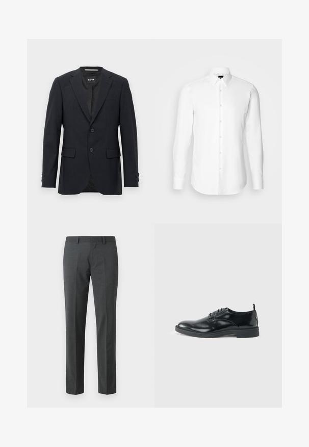 Mørkegrå skræddersyet blazer med subtilt ternet mønster, klapkrave, to frontknapper, klaplommer og mærket indvendig label.; Hvid skjorte med lange ærmer, knaplukning foran, klassisk krave, lavet af glat stof med en subtil tekstur, designet til et tætsiddende udseende.; Mørkegrå skræddersyede bukser lavet af et glat tekstil. Har lige ben, flad front og bæltestropper. Ingen synlige mønstre eller accenter.; Blank sort læder dresssko med lav hæl, snørelukning og rund tå, vist fra siden på ensfarvet lys baggrund.
