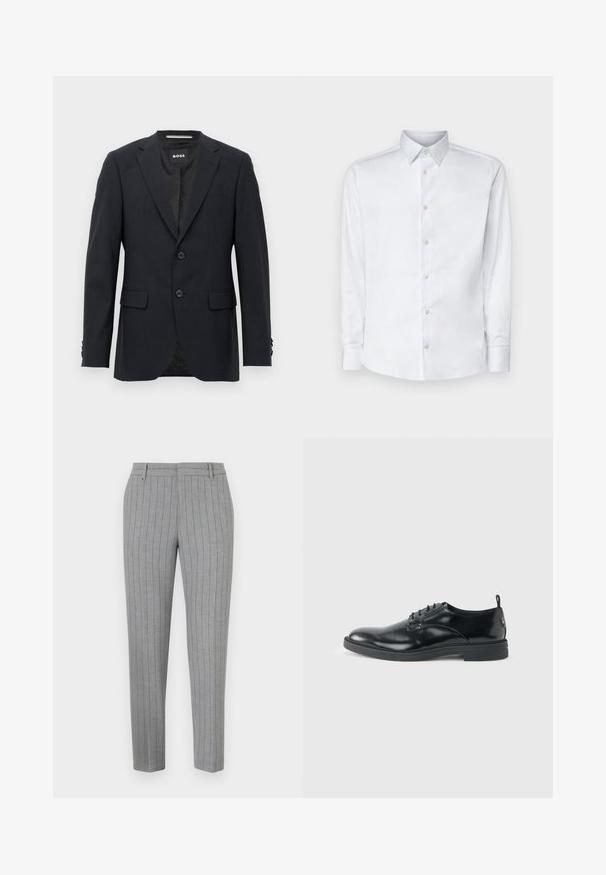 Mørkegrå skræddersyet blazer med subtilt ternet mønster, klapkrave, to frontknapper, klaplommer og mærket indvendig label.; Hvid langærmet skjorte lavet af glat stof, med en klassisk krave, knaplukning og manchetter med knapper, vist på en ensfarvet baggrund.; Grå bukser med tynde striber, skræddersyet pasform, flad front og sidelommer. Fremstillet af et glat stof med en subtil glans.; Blank sort læder dresssko med lav hæl, snørelukning og rund tå, vist fra siden på ensfarvet lys baggrund.