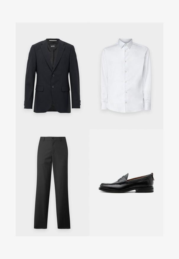 Blazer ajusté gris foncé avec un motif à carreaux subtil, revers en pointe, deux boutons à l'avant, poches à rabat et étiquette de marque à l'intérieur.; Chemise blanche à manches longues en tissu lisse, dotée d'un col classique, d'une patte de boutonnage et de poignets avec boutons, présentée sur un fond uni.; Samsøe Samsøe SAJOHNNY TROUSERS - Pantalon classique - turkish coffee; Mocassin homme en cuir noir avec couture moc toe, bride penny, col texturé et petit talon empilé sur fond blanc.
