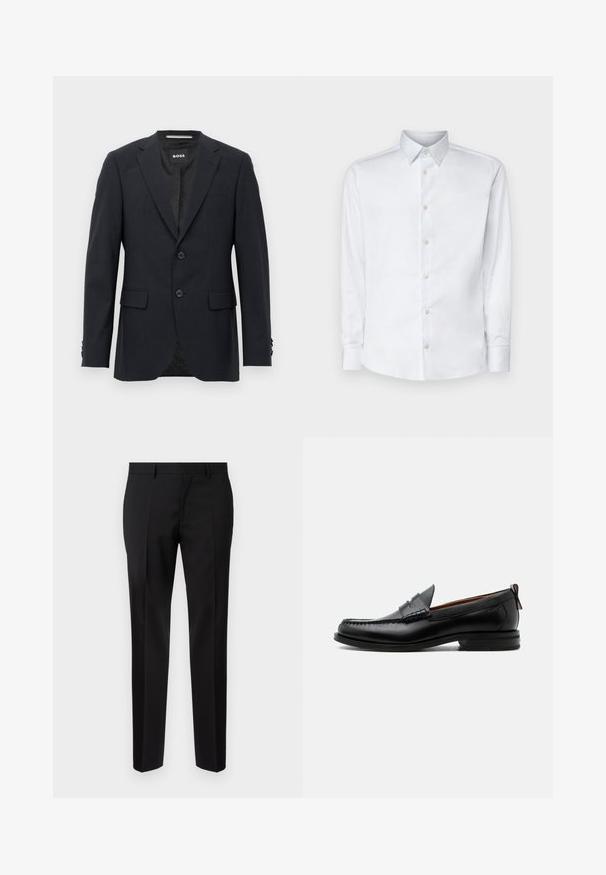 Dunkelgrauer, maßgeschneiderter Blazer mit dezentem Karomuster, Reverskragen, zwei vorderen Knöpfen, Klappentaschen und einem Markeninnenschild.; Weißes Langarmhemd aus glattem Stoff, mit klassischem Kragen, Knopfleiste und Manschetten mit Knöpfen, vor einem einfarbigen Hintergrund präsentiert.; Schwarze maßgeschneiderte Hosen aus glattem Stoff, mit geradem Bein, feinen Bügelfalten und einem klassischen Bund mit Gürtelschlaufen.; Schwarzer Leder-Herrenschuh mit Mokassinnaht, Penny-Riemen, strukturiertem Kragen und niedrigem gestapeltem Absatz auf weißem Hintergrund.