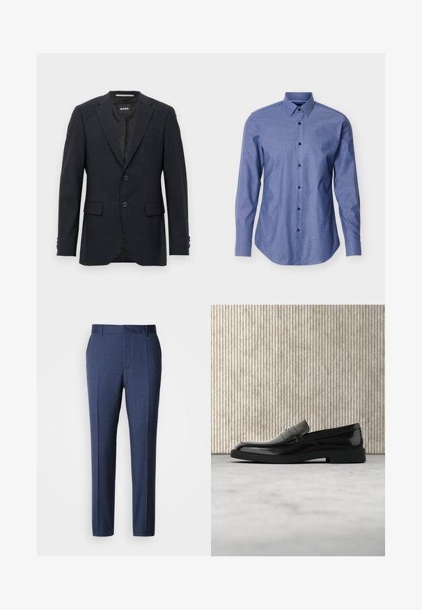 Dunkelgrauer, maßgeschneiderter Blazer mit dezentem Karomuster, Reverskragen, zwei vorderen Knöpfen, Klappentaschen und einem Markeninnenschild.; Langarm-Blaues Hemd mit spitzem Kragen und schwarzen Knöpfen vorne, vor weißem Hintergrund dargestellt.; Dunkelblaue, maßgeschneiderte Hose aus glattem Stoff, mit flacher Vorderseite, Gürtelschlaufen und gebügelten Bügelfalten für ein gepflegtes Erscheinungsbild.; Schwarzer, polierter Lederloafer, der über einem beigen Teppich schwebt, mit orangener, durchscheinender Möbel im Hintergrund.
