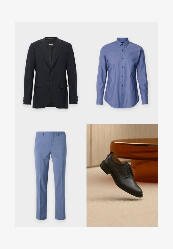 Donkergrijze op maat gemaakte blazer met een subtiel ruitpatroon, met een notch kraag, twee voorknopjes, klepzakken en een merklabel aan de binnenkant.; Blauw overhemd met lange mouwen, een puntige kraag en zwarte knopen aan de voorkant, afgebeeld tegen een witte achtergrond.; Lichtblauwe broek, getailleerde pasvorm, gestructureerde stof, flat front, schuine zijzakken en een gladde tailleband met riemlussen.; Zwarte leren nette herenschoen met veters die boven een beige tapijt zweeft, met een bruine ronde salontafel op de achtergrond.