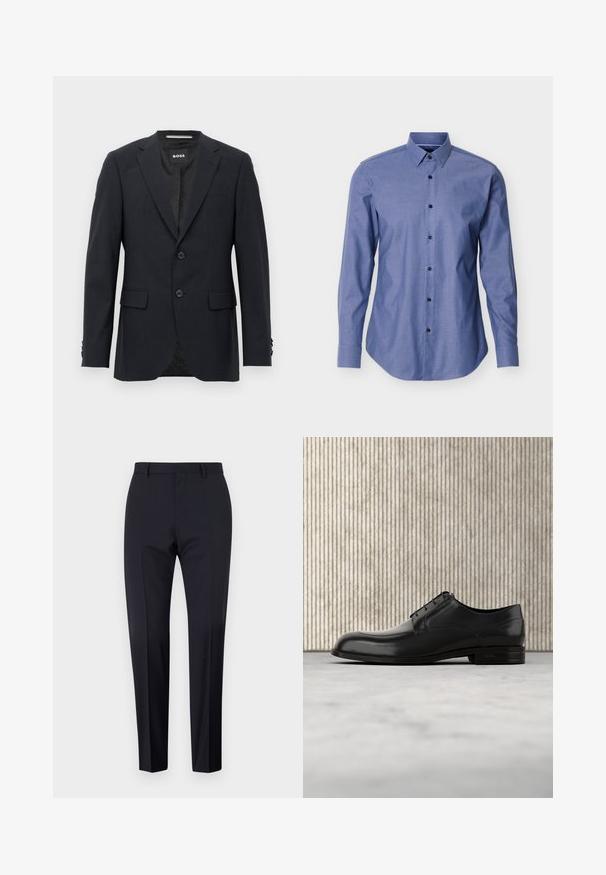 Dunkelgrauer, maßgeschneiderter Blazer mit dezentem Karomuster, Reverskragen, zwei vorderen Knöpfen, Klappentaschen und einem Markeninnenschild.; Langarm-Blaues Hemd mit spitzem Kragen und schwarzen Knöpfen vorne, vor weißem Hintergrund dargestellt.; Marineblaue maßgeschneiderte Hosen, mit flachem Frontschnitt, slim fit, mit Gürtelschlaufen und Seitentaschen. Glattes Material mit einem klaren Finish, ohne sichtbare Muster oder Akzente.; Schwarze Leder-Dressschuhe mit einer runden Zehenpartie, glatter Oberfläche, minimalen Nähten und flacher Sohle mit dezentem Branding an der Ferse.