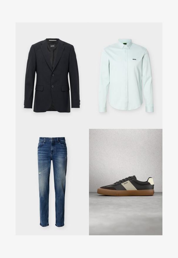 Mørkegrå skræddersyet blazer med subtilt ternet mønster, klapkrave, to frontknapper, klaplommer og mærket indvendig label.; Lyseblå, langærmet skjorte med knapper foran og en knappet krave, med en sort "BOSS"-logo på venstre bryst.; Blå denim jeans med let falming og slidte områder, fem-lommer stil, lige ben, knap- og lynlås lukning.; Sort og brun sneaker med beige stribe og "BOSS"-logo, svævende over gråt betongulv og baggrund med glassblokvæg.