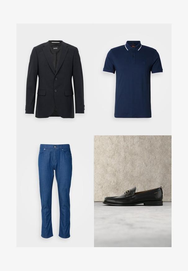 Dunkelgrauer, maßgeschneiderter Blazer mit dezentem Karomuster, Reverskragen, zwei vorderen Knöpfen, Klappentaschen und einem Markeninnenschild.; Marineblaues Polohemd mit klassischem Kragen, Zwei-Knopf-Leiste und kontrastierenden weißen Akzenten an den Ärmeln. Mit einem Logo-Patch auf der Brust.; Blaue Jeanshose mit geradem Bein, Fronttaschen und einem einzelnen Knopfverschluss. Glatte Textur mit minimaler Detailgestaltung.; Schwarzer Lederloafer mit goldfarbenem Metallbit und "HUGO"-Markenlogo, präsentiert vor einem beigen Teppich und braunen durchsichtigen Möbelstücken.