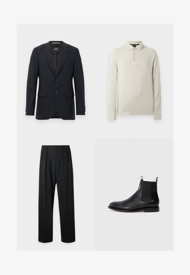 Mørkegrå skræddersyet blazer med subtilt ternet mønster, klapkrave, to frontknapper, klaplommer og mærket indvendig label.; Langærmet polo i lysebeige, lavet af blødt stof. Har en krave, tre-knaps stolpelukning og diskret logo-broderi på brystet.; Sorte formelle bukser med plisseringer, bæltestropper og knaplukning ved taljen, vist mod en ensfarvet lys baggrund.; Sort læder Chelsea støvle med elastiske sidepaneler, trækstropper og en lav hæl på en hvid baggrund.
