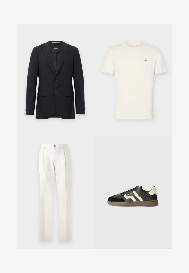 Blazer ajustado de color gris oscuro con un sutil patrón a cuadros, solapas tipo muesca, dos botones frontales, bolsillos con solapa y etiqueta interior de marca.; Camiseta lisa de manga corta de color blanco hueso con cuello redondo y pequeño logo "Scotch & Soda" en la parte superior izquierda del pecho.; Pantalones de algodón blancos con un diseño de pierna recta, que cuentan con cierre de botón, dos bolsillos frontales y pliegues para añadir textura.; Zapatilla negra y beige con parte superior de cuero suave, ante en la puntera y suela de goma marrón texturizada. Presenta rayas en contraste.