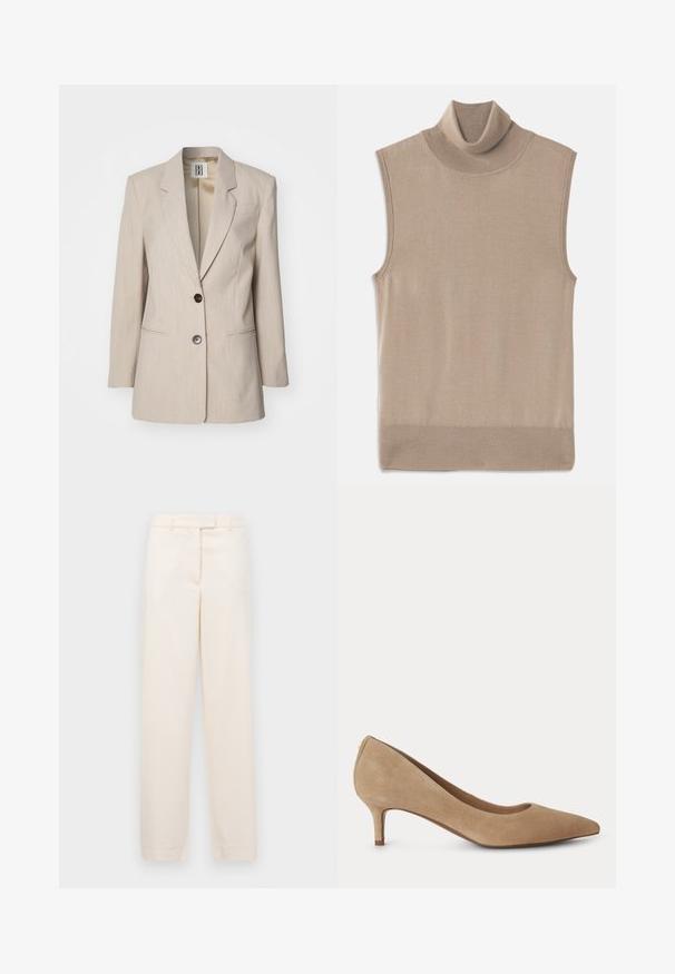 Beige taillierter Blazer mit Reverskragen, einem einzelnen schwarzen Knopfverschluss und zwei Fronttaschen. Strukturierter Stoff mit einem dezenten Muster.; Beige ärmelloser Strickrollkragenpullover mit geripptem Kragen, Armlöchern und Saum, flach auf einem weißen Hintergrund liegend.; Beige Hose mit geradem Bein, aus einem glatten Stoff gefertigt. Verfügt über einen Bund mit Gürtelschlaufen und einen Reißverschluss vorne.; Beige Wildleder Damenschuh mit niedrigem Absatz, spitzer Spitze, schlankem kleinen Absatz und schlichtem Design auf hellem Hintergrund.