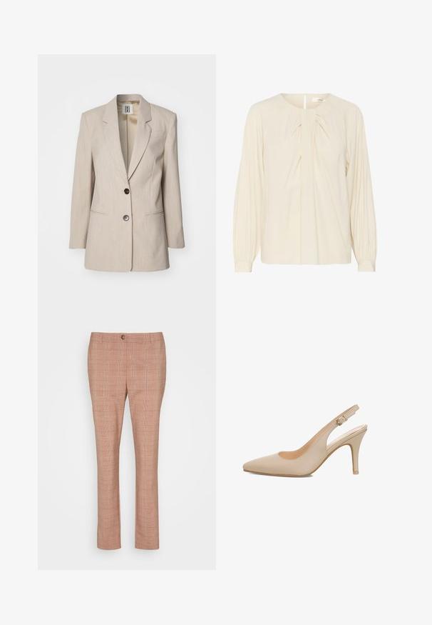 Beige op maat gemaakte blazer met een notch revers, enkele zwarte knoopsluiting en twee voorzakken. Getextureerde stof met een subtiel patroon.; Roomkleurige blouse met lange, geplooide mouwen, geplooid ontwerp aan de voorkant en een sleutelgatopening aan de achterkant. Glad textuur van de stof.; Expresso PANTS 7/8 SLIT HEM - Broek - gravel; Beige leren slingback pump met een spitse neus, verstelbare enkelband en een gematigde hak. Gladde textuur en eenvoudig ontwerp.