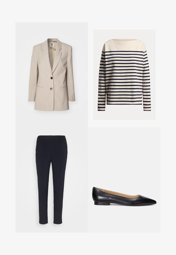 Beige taillierter Blazer mit Reverskragen, einem einzelnen schwarzen Knopfverschluss und zwei Fronttaschen. Strukturierter Stoff mit einem dezenten Muster.; Marineblaue und cremefarbene, langärmlige Oberteil mit Bootsausschnitt, aus weichem Baumwollstoff gefertigt. Verfügt über gleichmäßige horizontale Streifen und eine lockere Passform.; Marineblaue Hose aus glattem Stoff, mit schlanker Passform, flachem Frontdesign und standardmäßigem Bund mit Gürtelschlaufen. Keine sichtbaren Muster oder Akzente.; Schwarze Leder-Ballerinas mit spitzem Zeh, niedrigem Absatz und einem goldenen Akzent am Absatz. Glatte Textur mit klassischer Silhouette.