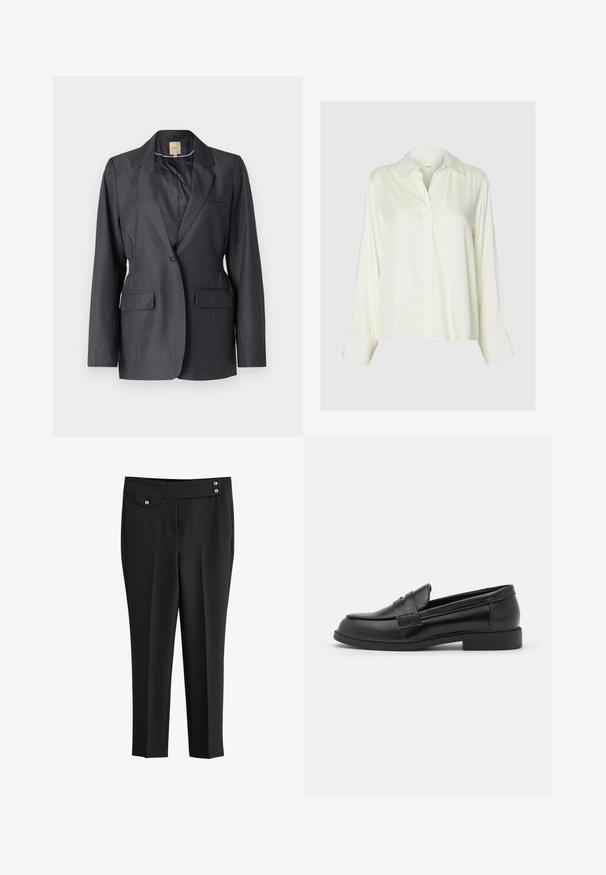 Blazer gris oscuro hecho de tela suave, con solapas de muesca, dos bolsillos frontales y lados fruncidos para un ajuste entallado.; Blusa blanca de satén de manga larga con cuello clásico y botones delanteros ocultos, mostrada sobre un fondo liso gris claro.; Pantalones negros a medida con frente liso, bolsillos laterales, un pequeño bolsillo con solapa abotonada y dos botones decorativos dorados en la cinturilla.; Mocasines de cuero negro con una textura suave, punta redondeada, detalles de costura en la parte superior y una suela de goma baja y plana.