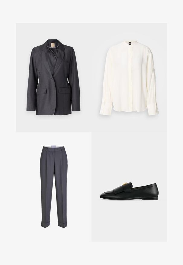 Blazer gris oscuro hecho de tela suave, con solapas de muesca, dos bolsillos frontales y lados fruncidos para un ajuste entallado.; Blusa de manga larga color crema hecha de tela suave; cuello mandarín, tapeta frontal, puños abotonados y un corte holgado.; Pantalones de traje gris oscuro con un diseño de pierna recta, frente plisado y puños doblados. Fabricados con una tela suave, presentan una cinturilla clásica.; Mocasín negro de cuero con solapa frontal con flecos y una pequeña hebilla dorada sobre un fondo gris claro liso.