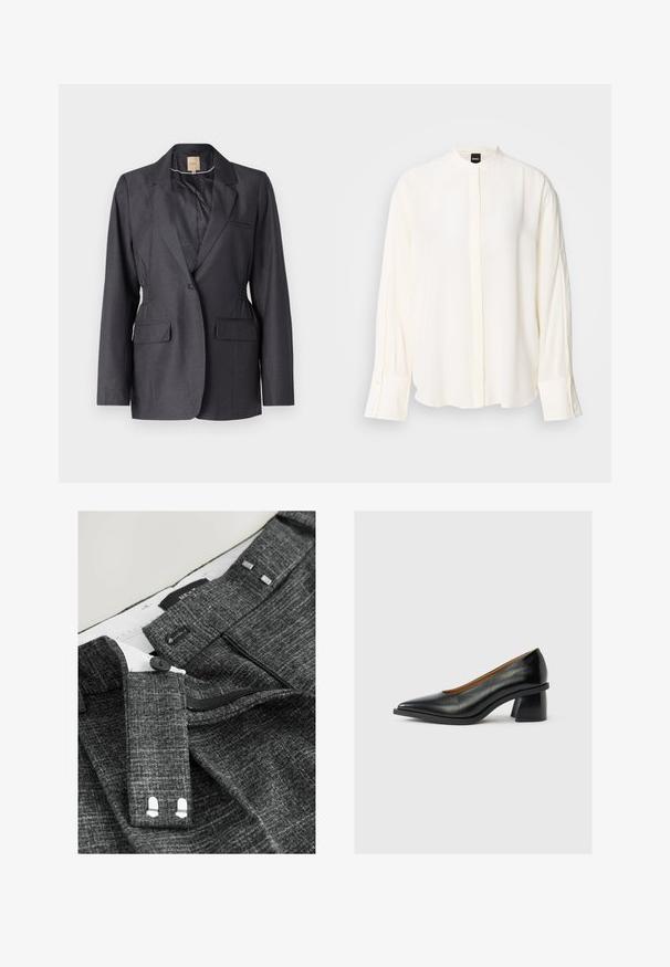 Mørkegrå blazer lavet af glat stof, med klapkrave, to forlommer og sammenrakt sidepaneler for en skræddersyet pasform.; Langærmet, cremefarvet bluse lavet af glat stof; mandarin-krave, forflap, knappede ærmekanter og en afslappet pasform.; Grå strukturerede bukser med knaplukning, lynlås og ekstra kroge, samt sølvfarvede detaljer på taljen og indvendig foring.; Sort læderpumps med lav hæl, spids tå og unik flaret blokhælkappe på en ensartet lysegrå baggrund.