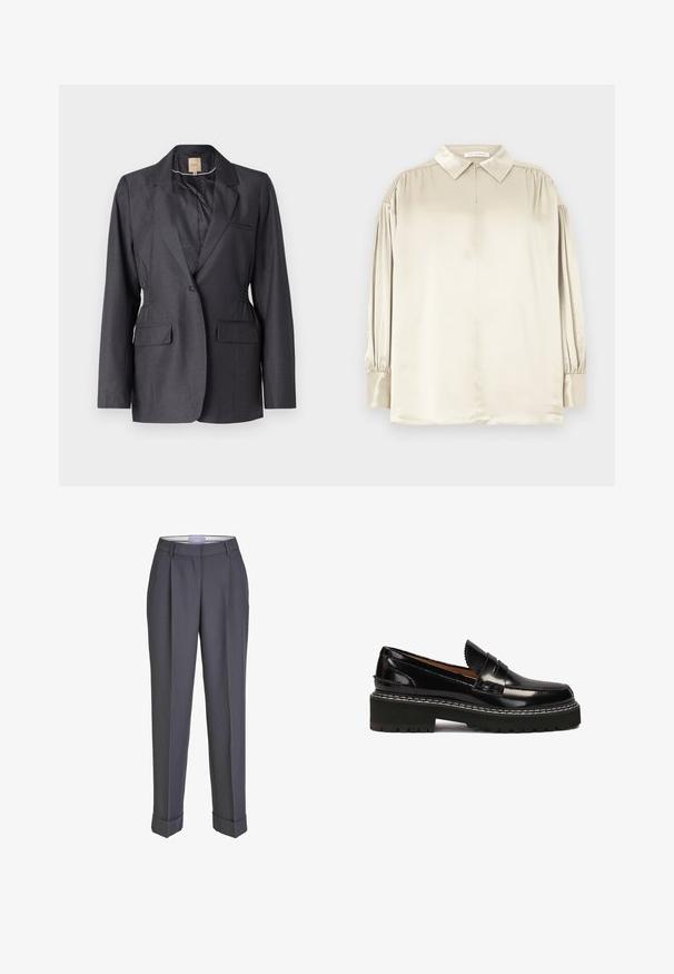 Blazer gris foncé en tissu lisse, avec un col à revers, deux poches avant et des côtés froncés pour un ajustement sur mesure.; Blouse en satin beige à manches longues avec col pointu, poignets boutonnés et légers fronces aux épaules, étalée à plat.; Pantalons sur mesure gris foncé avec une coupe droite, un devant plissé et des revers. Fabriqués en tissu lisse, avec une taille classique.; Mocassins en cuir verni noir avec une semelle en caoutchouc noir épaisse, accentuées par des coutures blanches et une sangle décorative à l'avant.