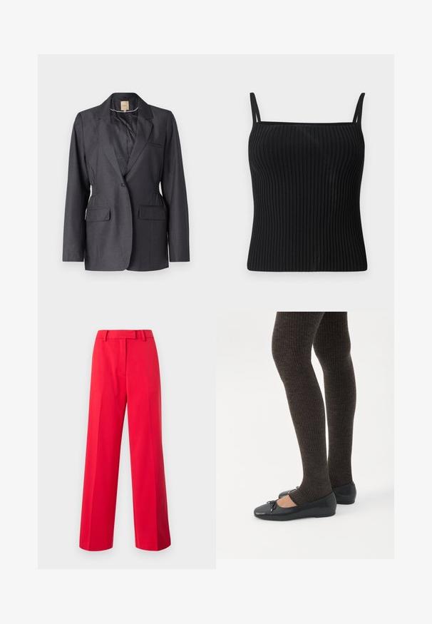 Blazer gris foncé en tissu lisse, avec un col à revers, deux poches avant et des côtés froncés pour un ajustement sur mesure.; Débardeur noir à côtes avec bretelles spaghetti réglables, présentant une silhouette ajustée et une texture lisse.; Pantalon rouge à taille haute et jambes larges avec passants de ceinture et fermeture avant dissimulée sur un fond uni clair.; Jambes portant des leggings côtelés foncés associés à des ballerines noires avec de petits détails en nœud sur fond blanc.