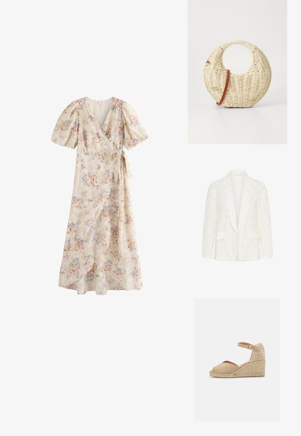 Hvid blazer med et tekstureret blomstermønster, der har en sjal krave, to forreste lommer og indviklede udskæringsdetaljer.; Omslagskjole med ballonærmer, pastelblomstret print på cremebaggrund, V-halsudskæring og bindebånd i taljen, midi længde med lagdelt nederdel.; Castañer BIANCA - Espadrilles - sand; Rund flettet taske i naturligt strå med en tekstureret overflade. Har en glat brun læderrem og et cirkulært håndtag.