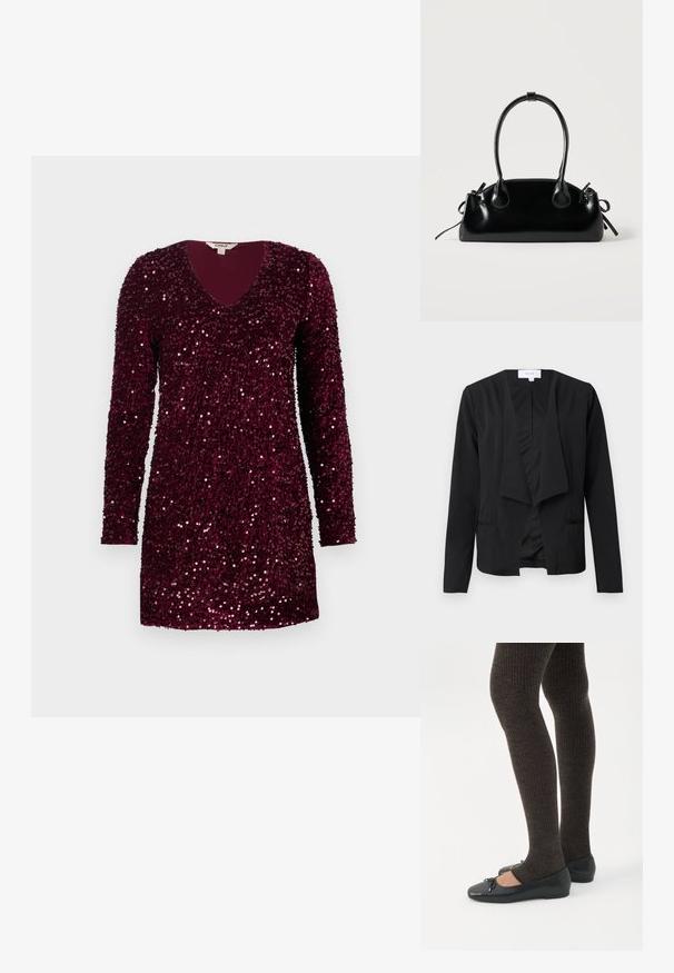 Zwarte blazer van gladde stof met een drapering aan de voorkant, lange mouwen en twee zijzakken. Minimalistisch ontwerp zonder knopen of versieringen.; Langsleeve, diep bordeauxkleurig mini-jurk bedekt met glanzende pailletten, met een V-hals en een rechte zoom.; Benen met donkere geribbelde leggings gecombineerd met zwarte ballerina's met kleine strikdetails op een witte achtergrond.; Kleine zwarte glanzende handtas met twee lange hengsels en zijkant trekkoord details op een effen lichte achtergrond.